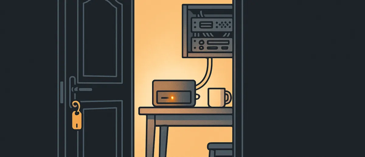 Line illustration: a front door opening onto a warmly lit home workshop with a mini PC, a small rack on a shelf and tidy cables; a key with an amber tag still in the lock.
